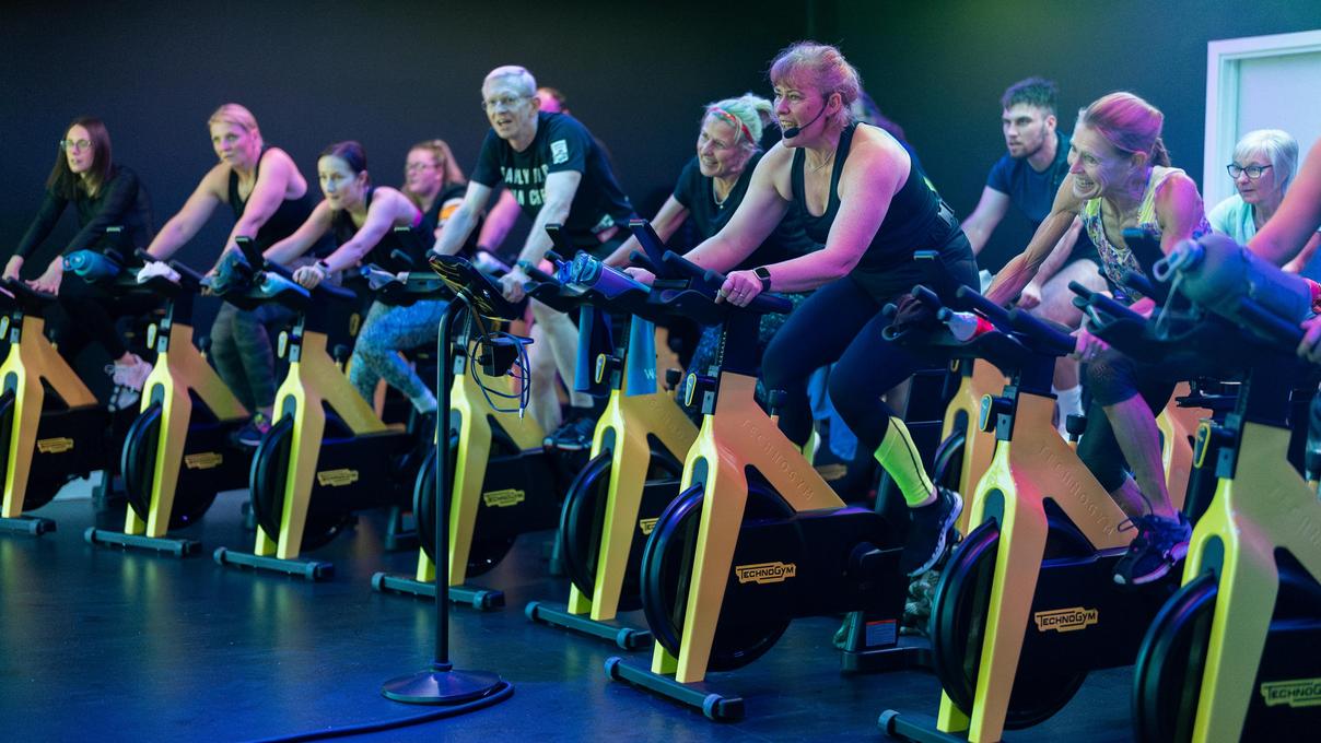 A cycling class at the gym